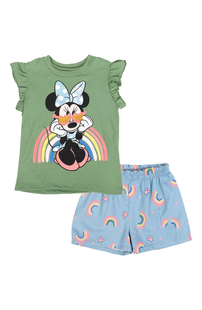 Disney Minnie Mouse 2-Piece Top and Shorts Set, Main, color, Green Rainbow Minnie