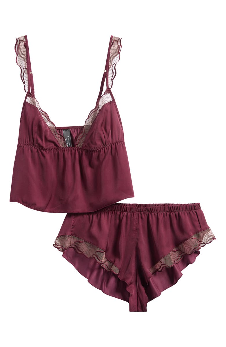 Bluebella Marabel Embroidered Trim Satin Camisole & Shorts Set, Alternate, color, Cherry Lacquer/ Sheer