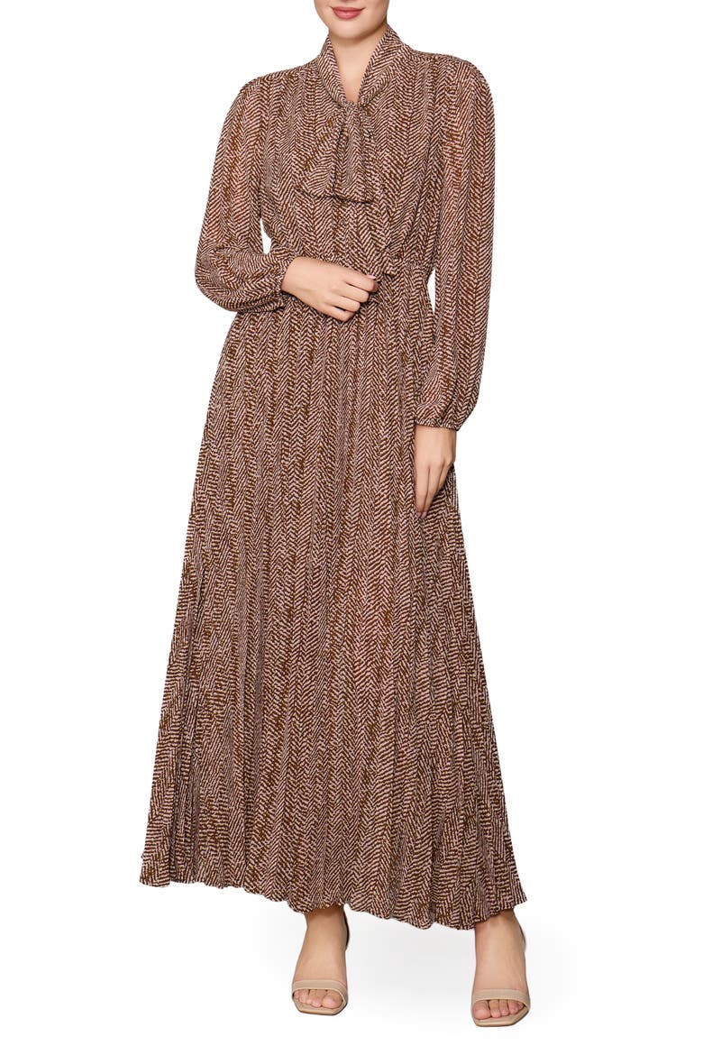 Pleated Long Sleeve Maxi Dress, Main, color, BROWN GEO