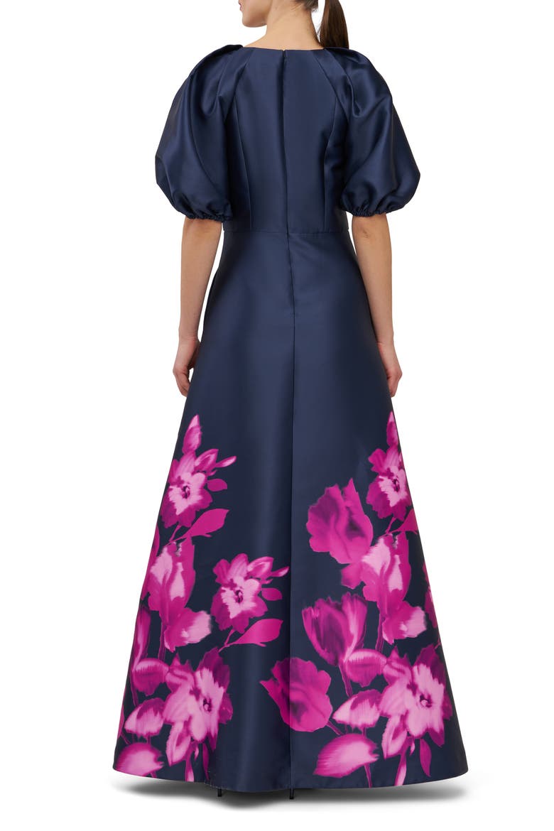 Delfina Puff Sleeve Mikado Gown, Alternate, color, MIDNIGHT/PINK ZINNIA
