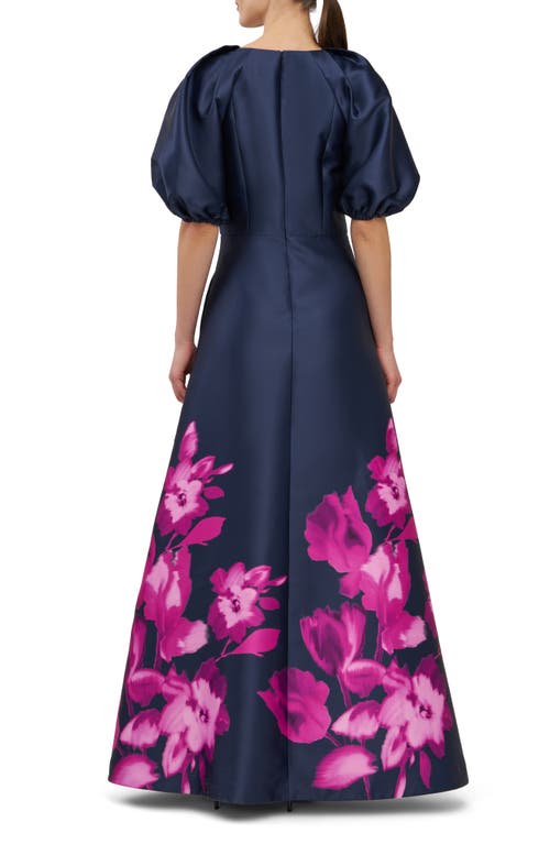 Kay Unger Delfina Puff Sleeve Mikado Gown In Blue
