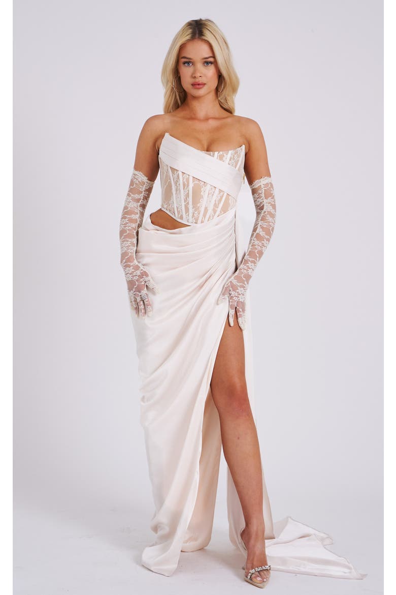Calliee High Slit Drapping Satin Corset Evening Gown, Main, color, White
