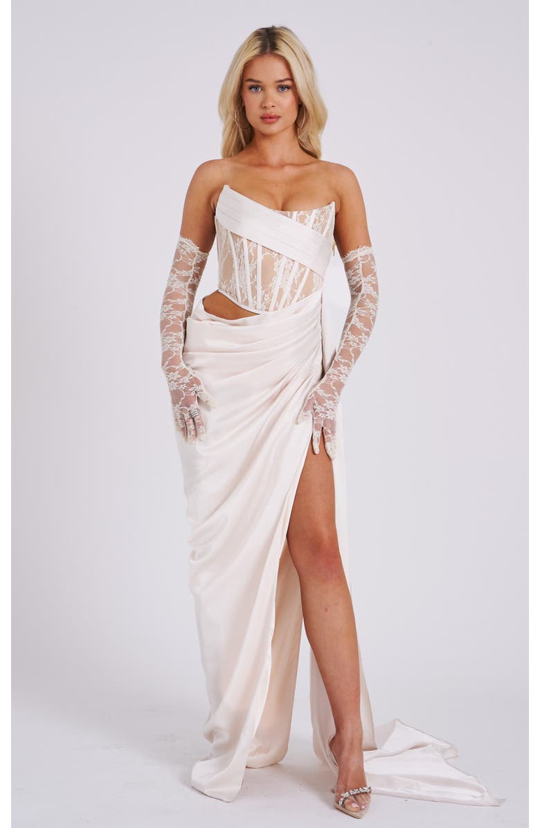 Miss Circle Calliee High Slit Drapping Satin Corset Evening Gown, Main, color, White