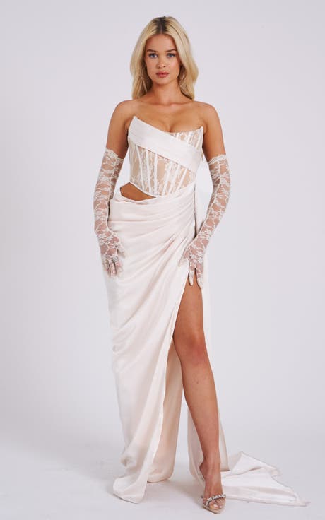 Calliee High Slit Drapping Satin Corset Evening Gown