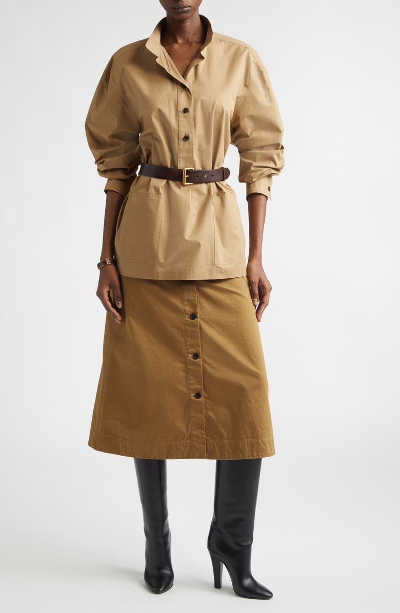 Saint Laurent Belted Cotton Serge Button-Up Tunic, Alternate, color, Sable Mouille