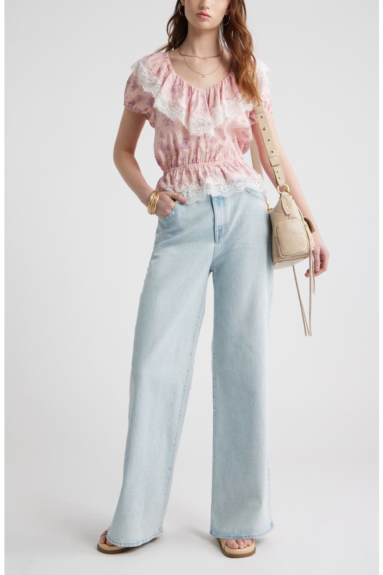 Lace Trim Puff Sleeve Peplum Top, Alternate, color, PINK LAYERED SPRIGS
