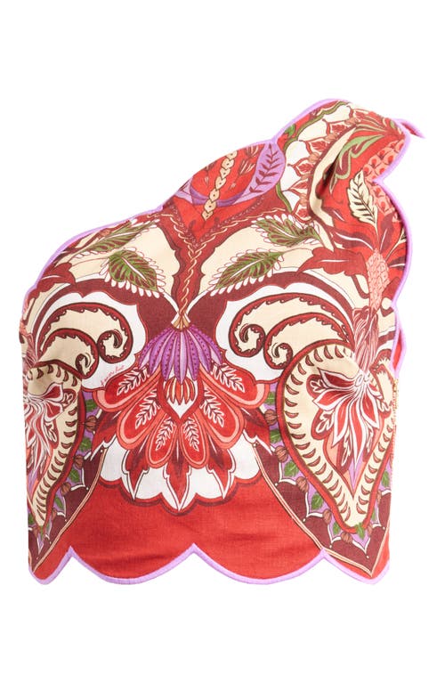 Farm Rio Odara One-shoulder Scalloped Printed Linen-blend Top In Red