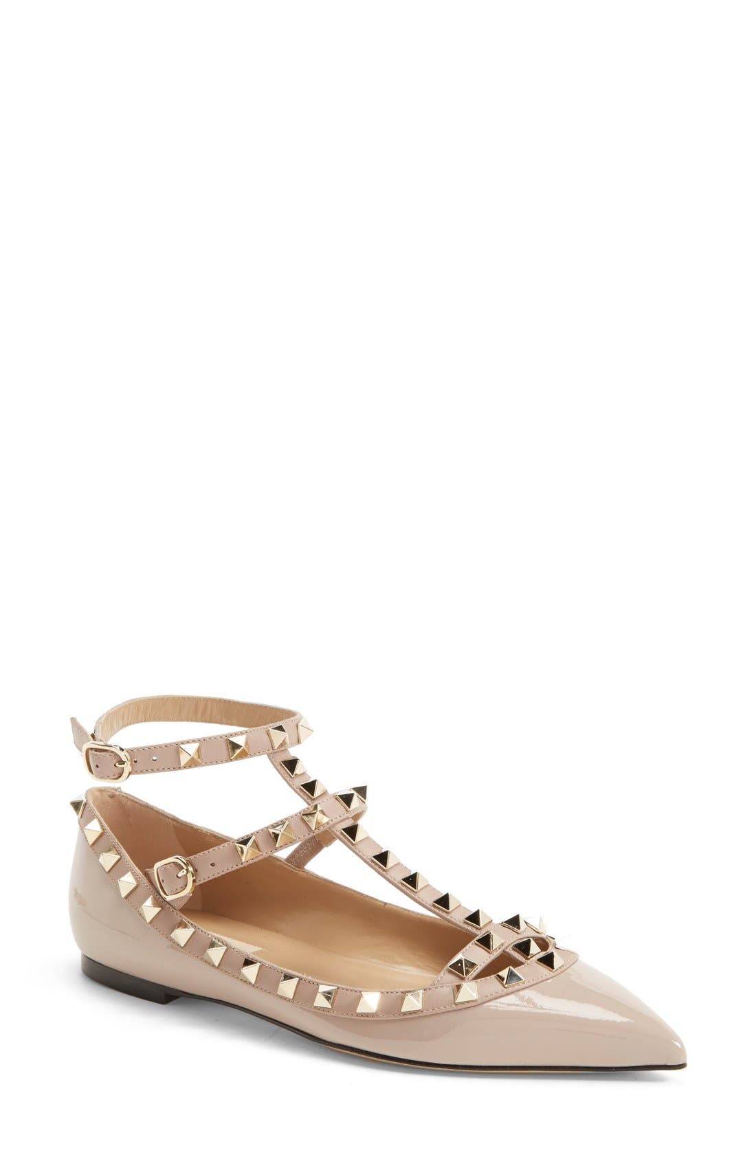 'Rockstud' T-Strap Flat, Main, color, BLUSHDNU