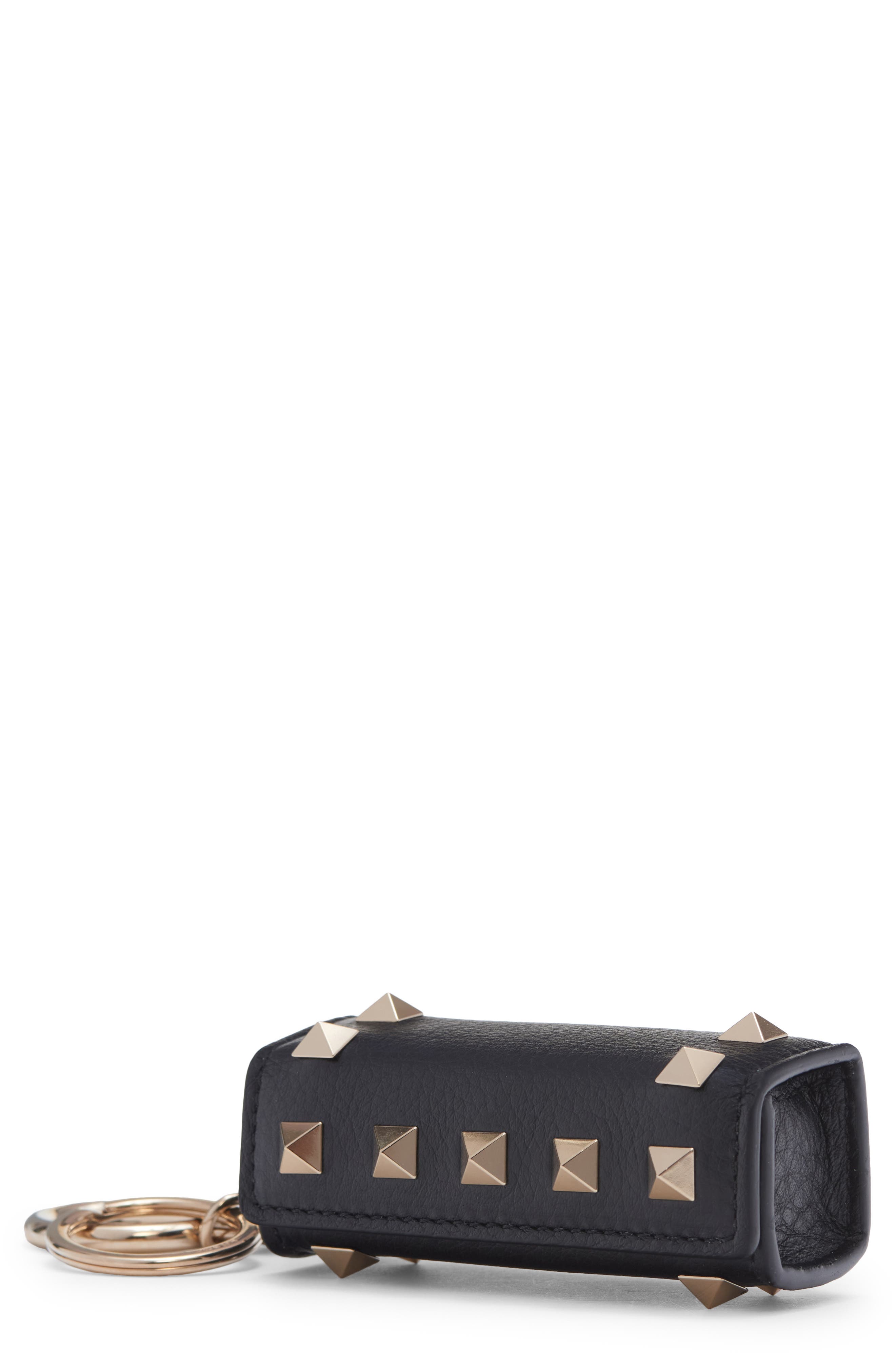 Rockstud Leather Lipstick Keychain, Main, color, BLACK