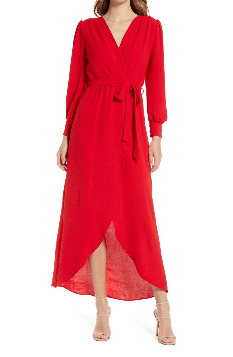 Fraiche by J Wrap Front Long Sleeve Dress, Main, color, Red