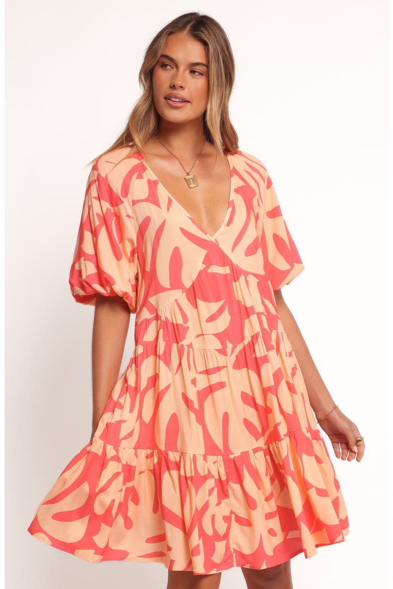 Corinna Puff Sleeve Tiered Minidress, Alternate, color, CORAL PRINT