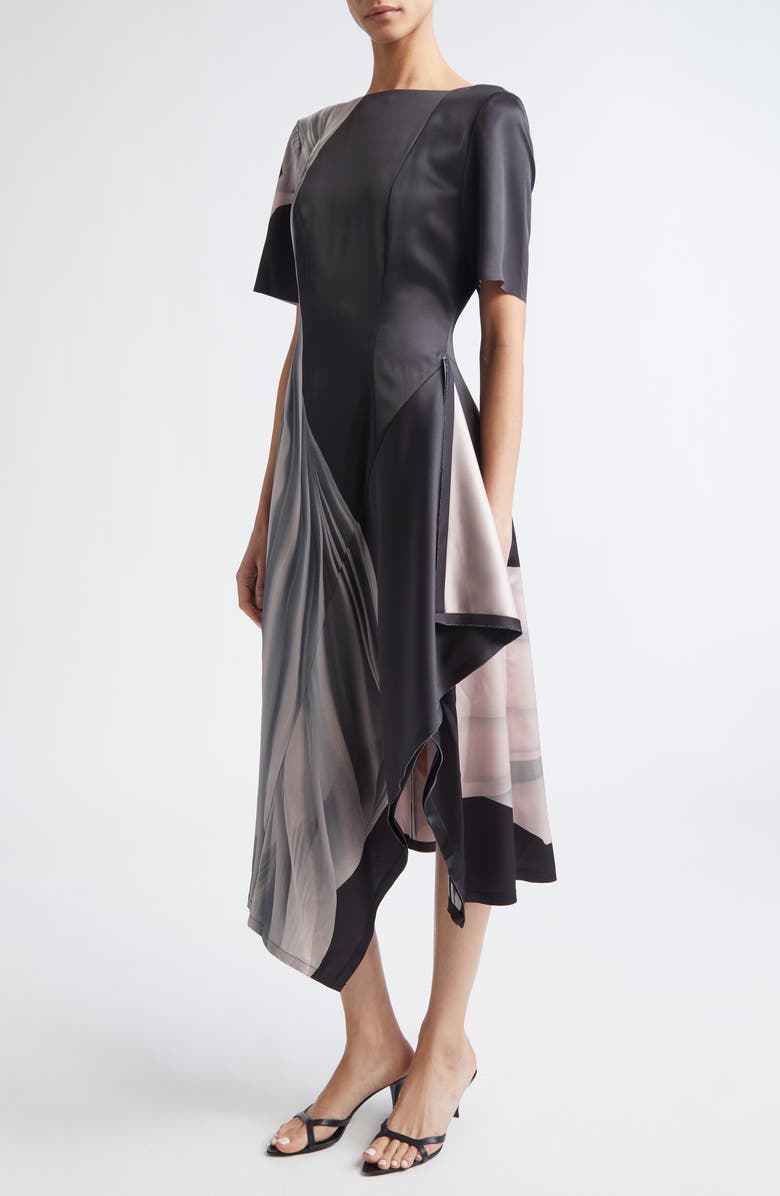 Jason Wu Collection Dancing Pleat Print Double Face Satin Dress, Alternate, color, Black/ Pink