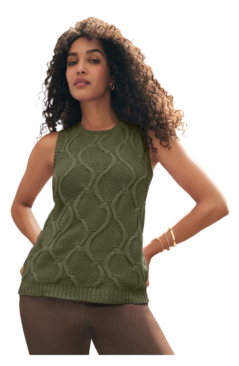 Jessica London Sleeveless Cable Shell, Main, color, Dark Olive Green