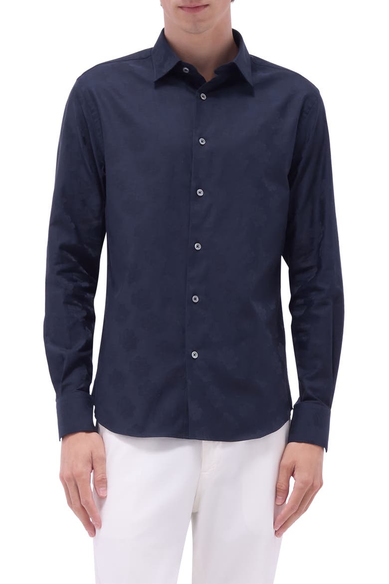 Julian Floral Jacquard Stretch Cotton Button-Up Shirt, Main, color, BLACK