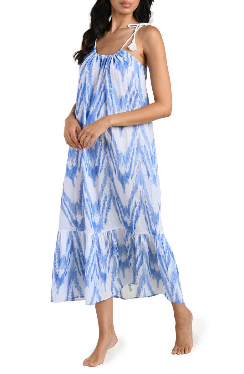 La Blanca Tidal Wave Tie Shoulder Cover-Up Maxi Dress, Alternate, color, Lapis