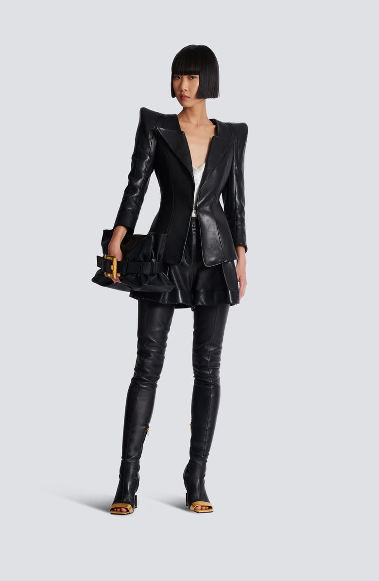 Balmain Pleated Lambskin Shorts, Alternate, color, 