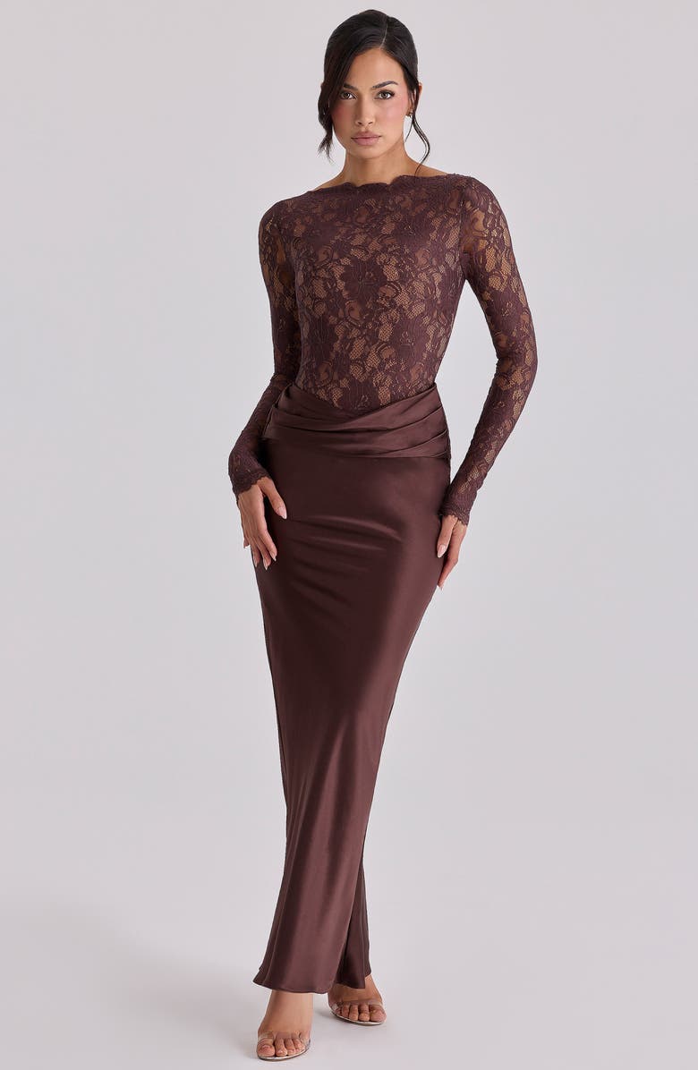 HOUSE OF CB Yasmeen Long Sleeve Lace & Satin Two-Piece Gown, Alternate, color, Brown