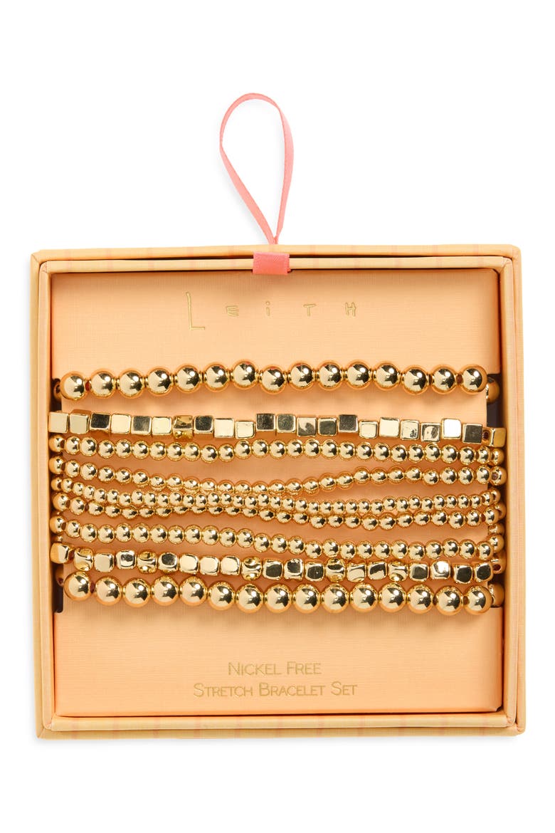 Set of 9 Metallic Beaded Stretch Bracelets, Main, color, GOLD