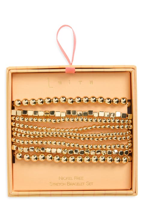 Set of 9 Metallic Beaded Stretch Bracelets