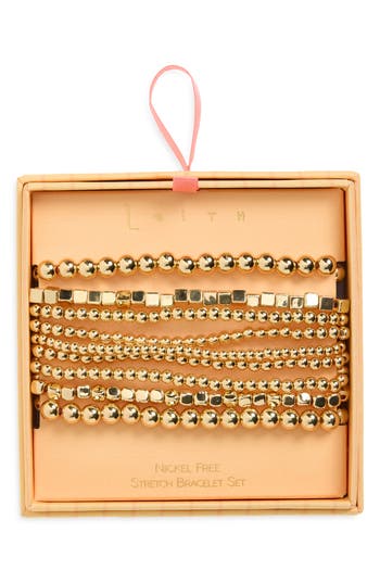 Leith Set Of 9 Metallic Beaded Stretch Bracelets In Gold