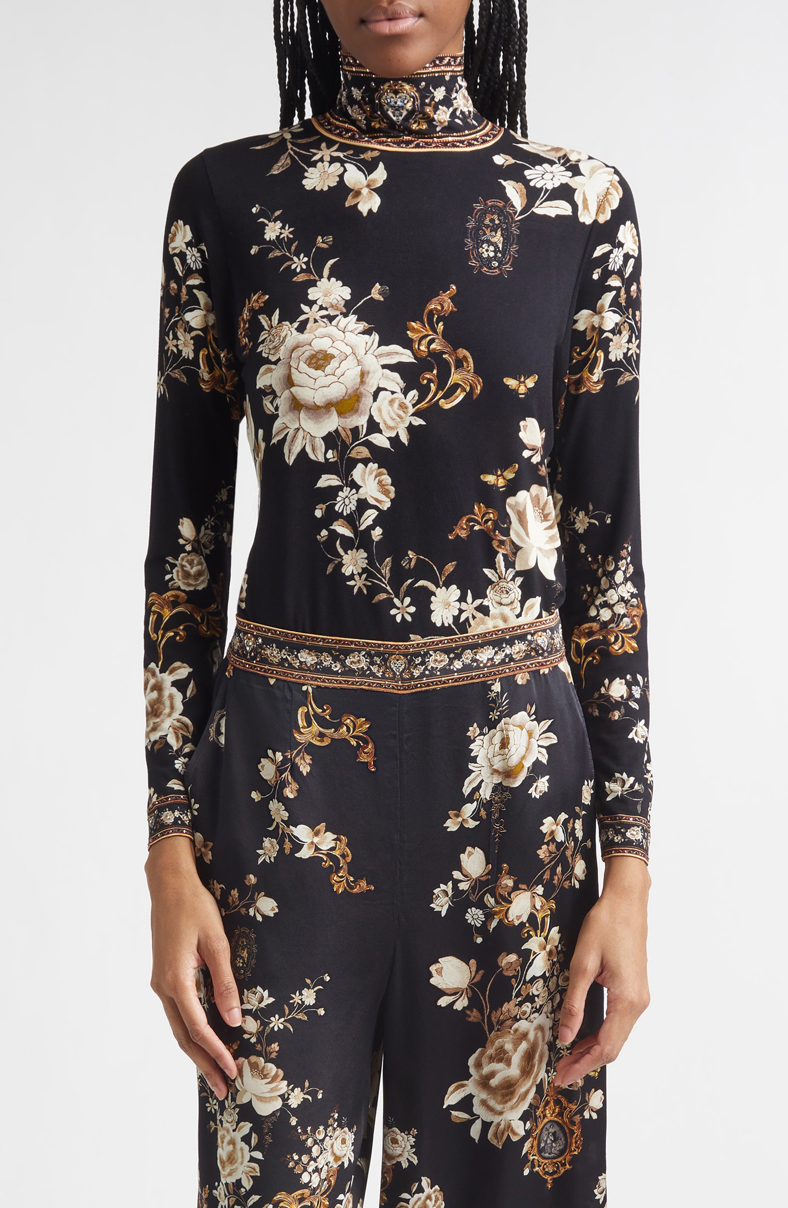 Flamenco Folklore Print Jersey Turtleneck Top