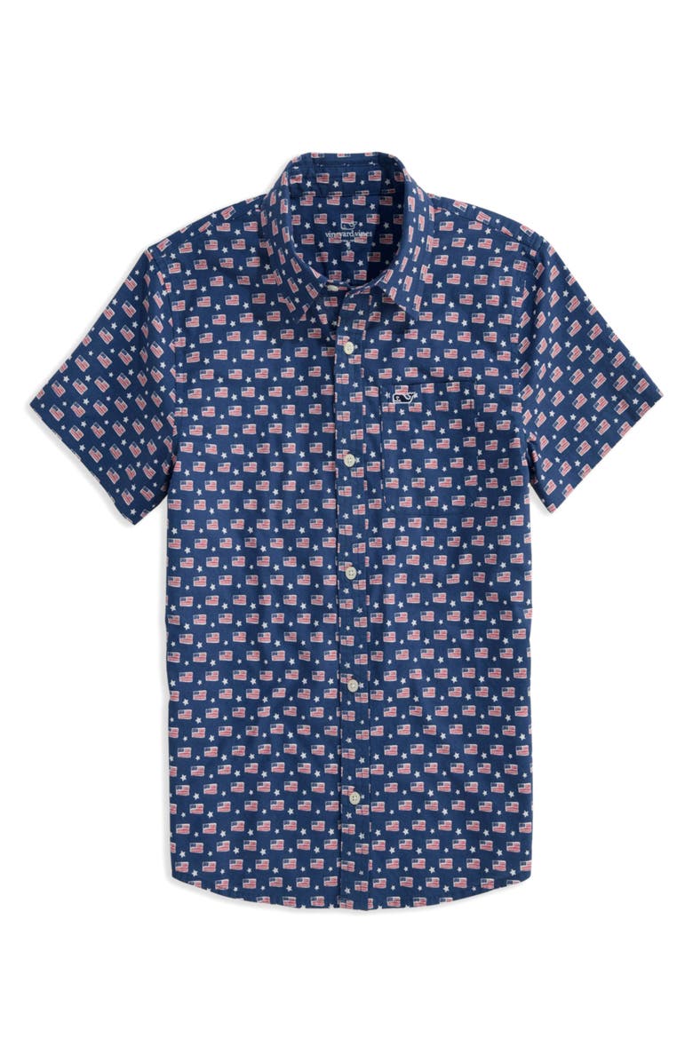 vineyard vines Kids' Print Short Sleeve Cotton Button-Up Shirt, Main, color, Flag Stars Tide Blue