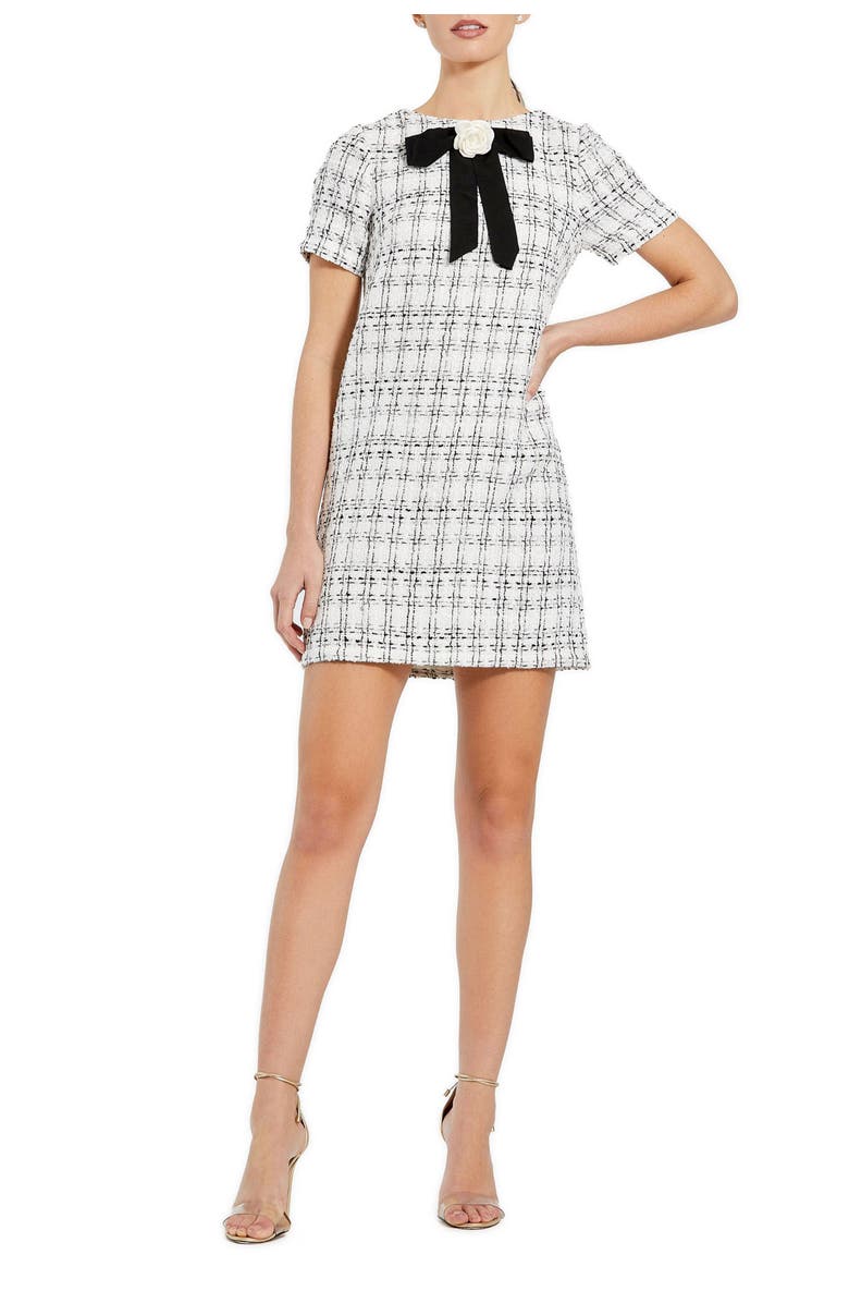 Mac Duggal Women's Short Sleeve Boucle Mini Dress with Bow, Main, color, Ivory