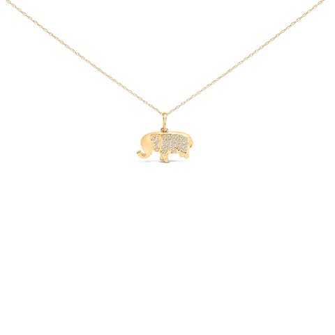 10K Yellow Gold 1/5 Cttw Diamond Elephant Pendant Necklace