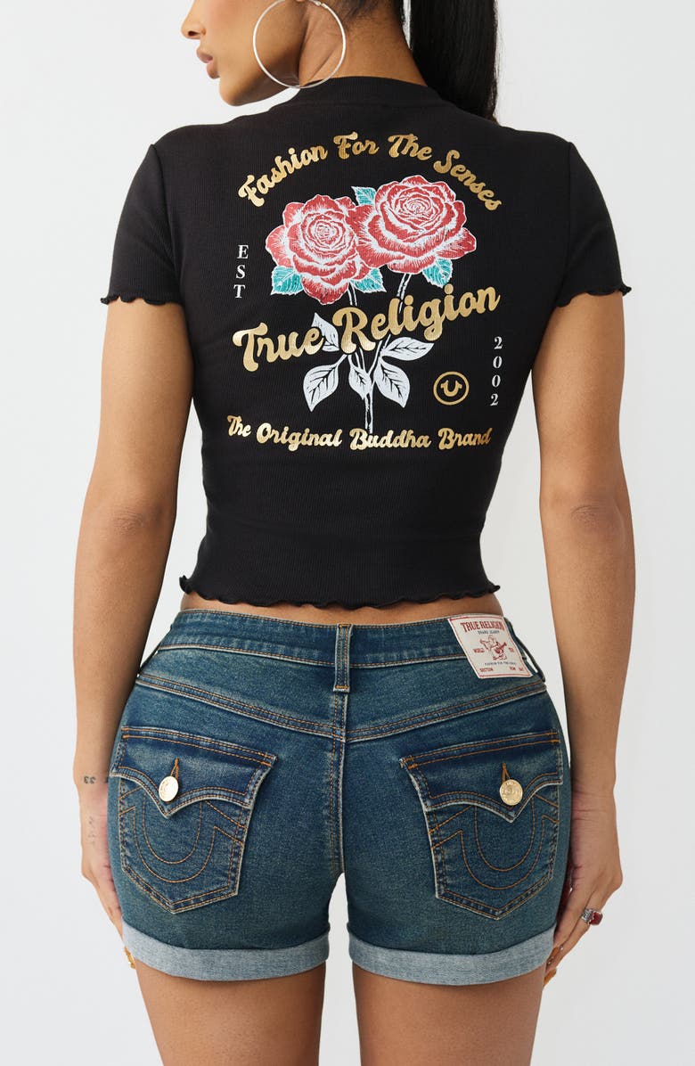 True Religion Rose Lettuce Edge Ribbed Crop T-Shirt, Alternate, color, Jet Black