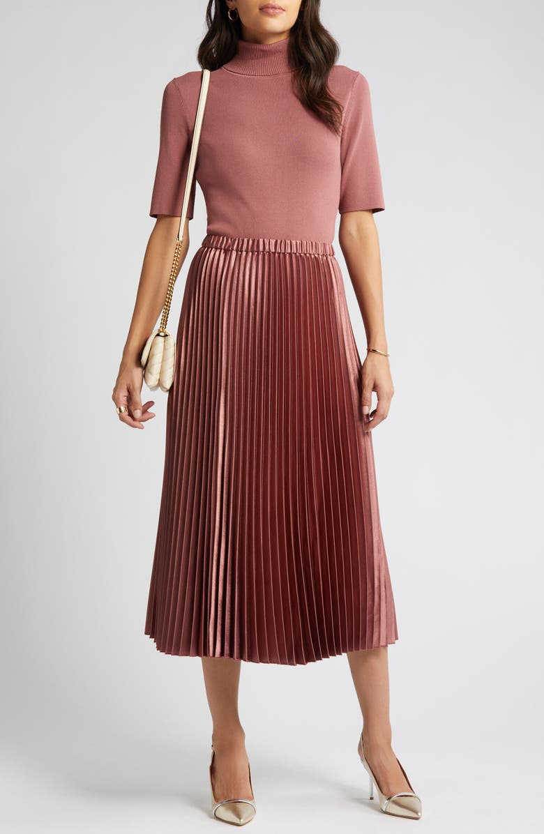Anne Klein Pleated Metallic Satin Midi Skirt, Main, color, 