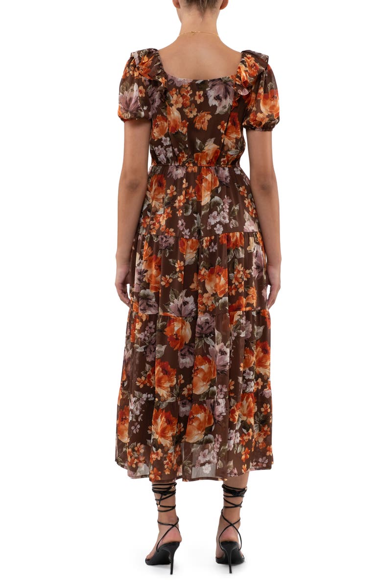 AUGUST SKY Floral Ruffle Trim Maxi Dress, Alternate, color, Mocha Multi