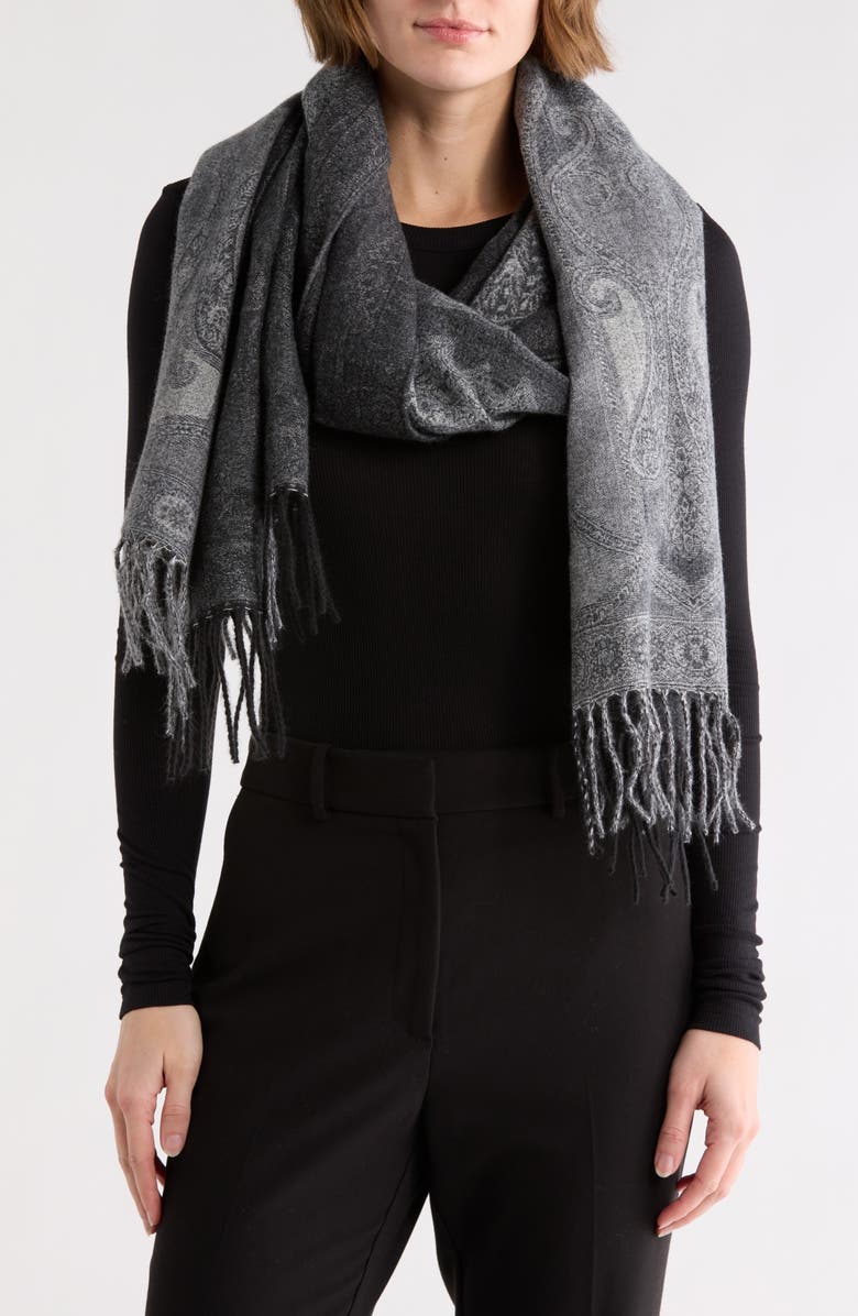 Vince Camuto Feathersoft Paisley Scarf, Main, color, Black Grey