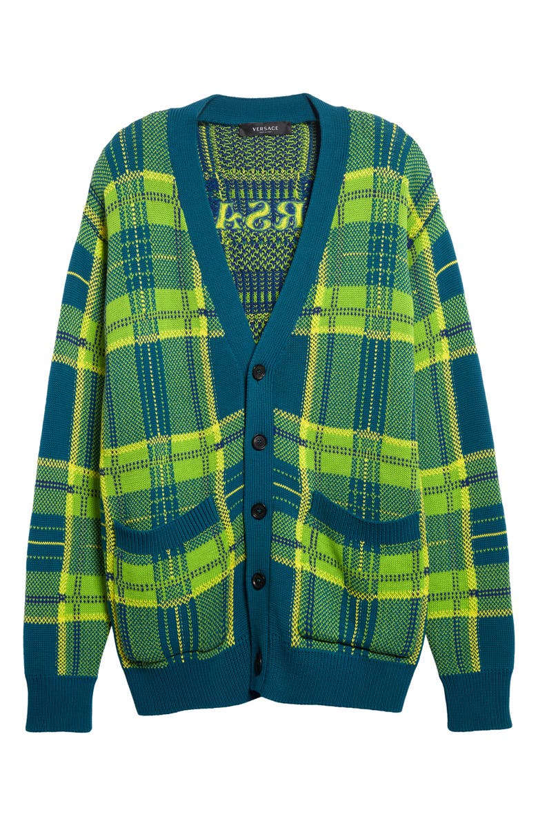 Versace Tartan Plaid Cotton Cardigan, Alternate, color, 
