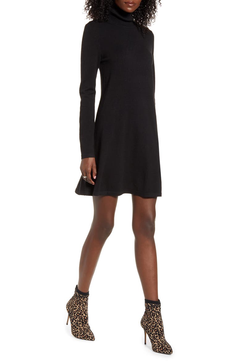 Happy Roll Neck Long Sleeve A-Line Sweater Dress, Main, color, BLACK