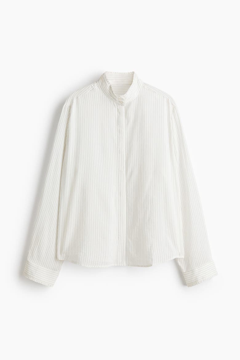 Ruffle-trimmed Stand-up Collar Shirt, Alternate, color, White/striped