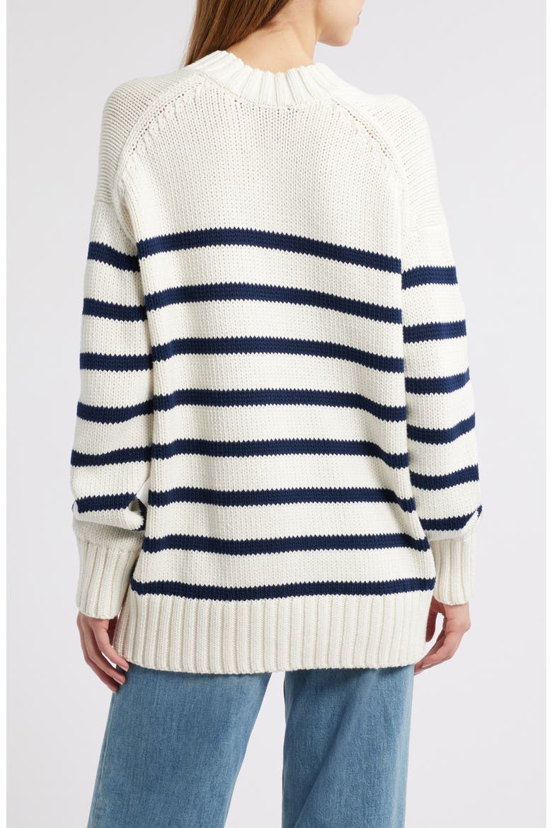 Penny Stripe V-Neck Cotton Sweater, Alternate, color, IVORY NAVY STRIPE