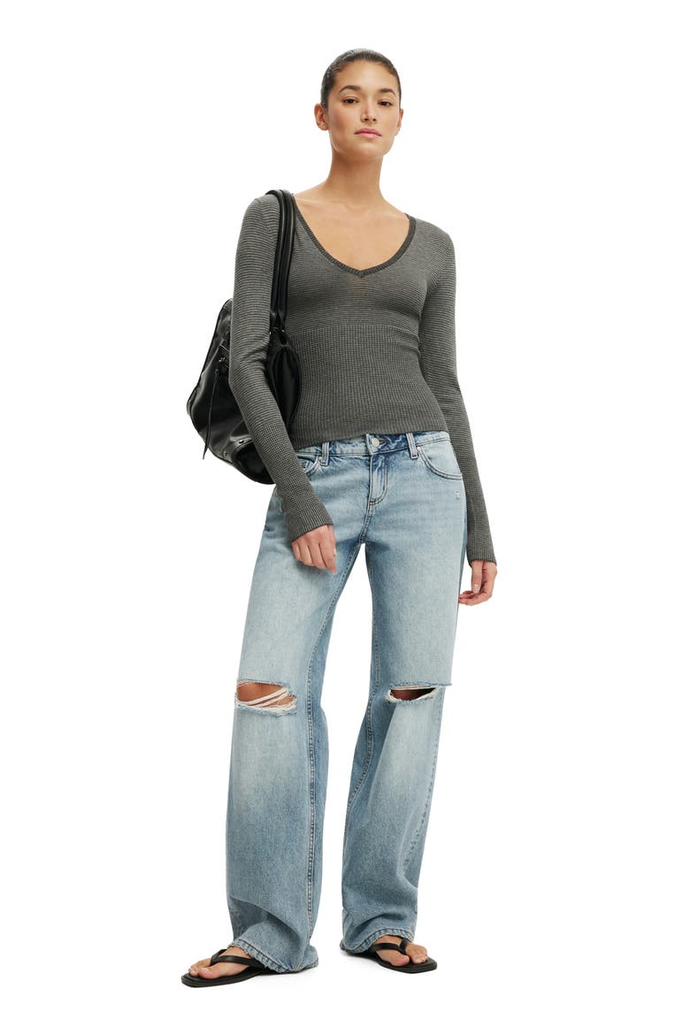 Women's Close Knit V-neck Top, Alternate, color, Charcoal Mini Stripe