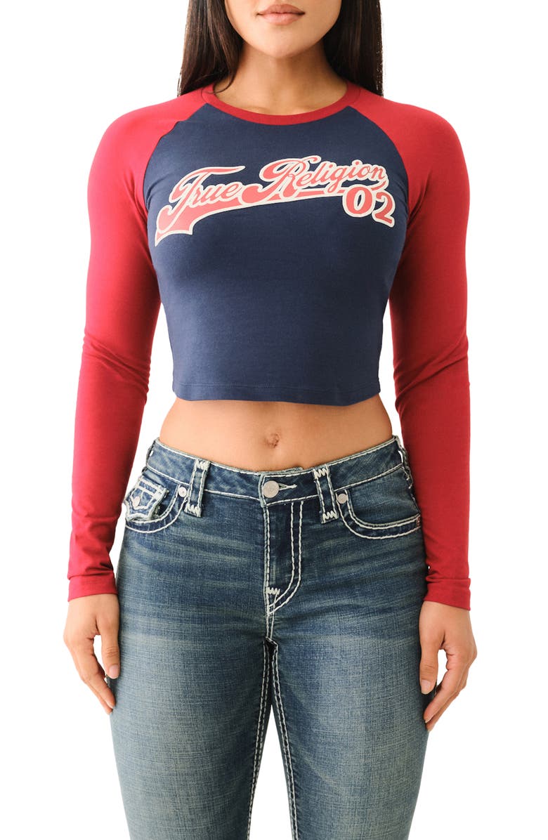 True Religion Slim Colorblock Long Sleeve Cotton Graphic T-Shirt, Main, color,