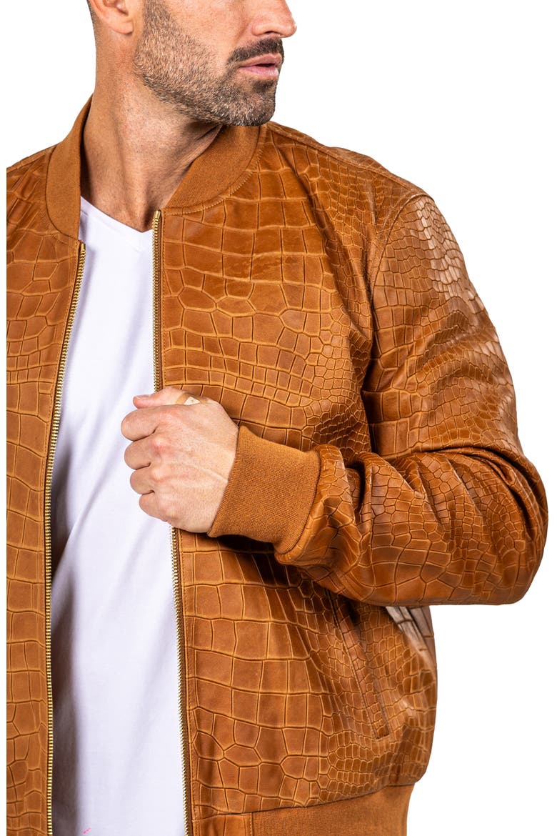 Marthyr Croc Embossed Leather Bomber Jacket, Alternate, color, BROWN