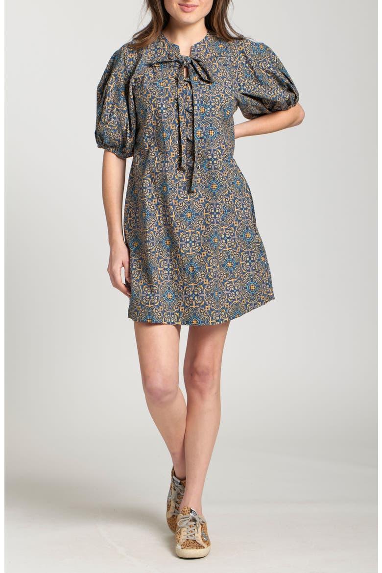 Mixed Tile Print Puff Sleeve Cotton Dress, Main, color, INDIGO MULTI