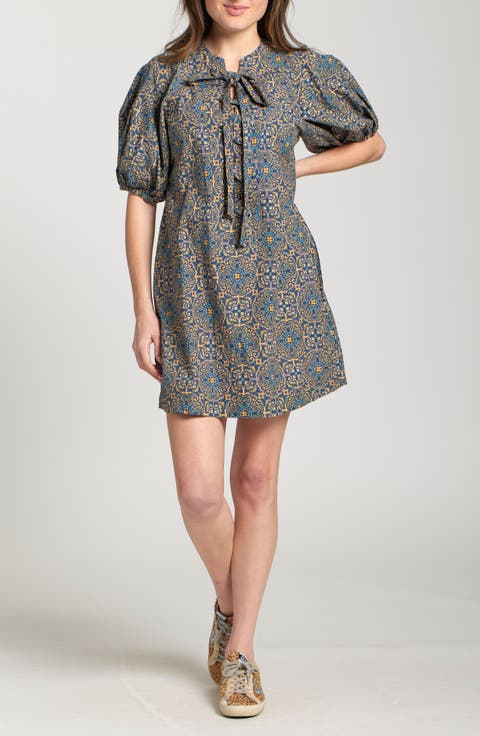 Mixed Tile Print Puff Sleeve Cotton Dress