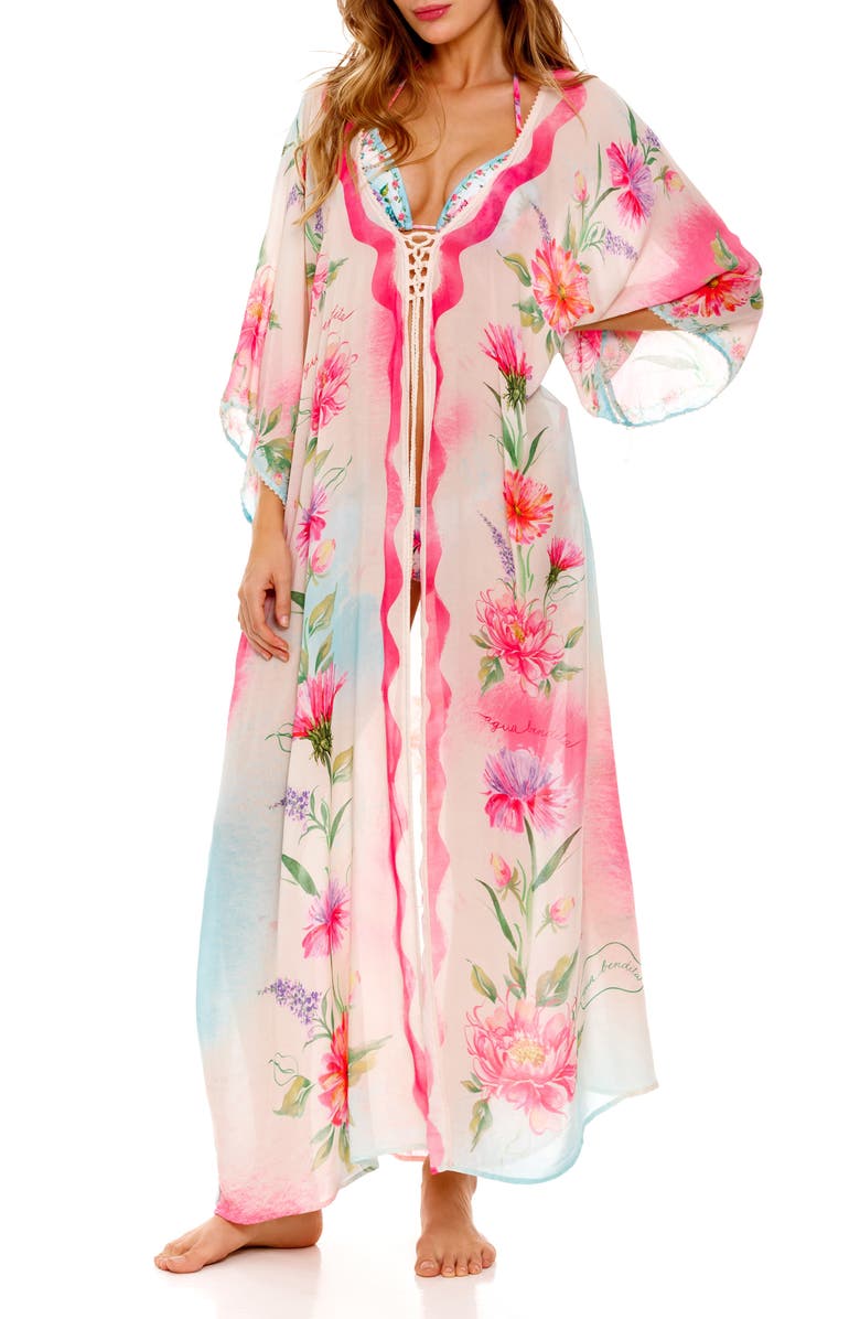 Agua Bendita Selma Chroma Floral Caftan Cover-Up, Main, color, Pink Multi