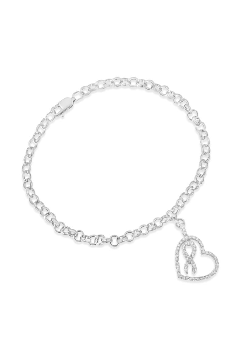 .925 Sterling Silver 1/4 Cttw Diamond-Accented Heart and Ribbon Charm Link Chain Bracelet, Alternate, color, Silver