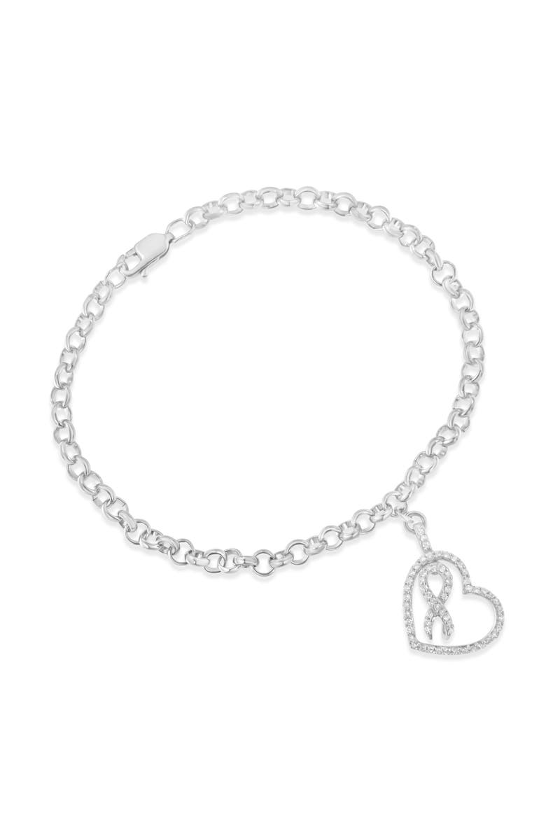 Haus of Brilliance .925 Sterling Silver 1/4 Cttw Diamond-Accented Heart and Ribbon Charm Link Chain Bracelet, Alternate, color, Silver