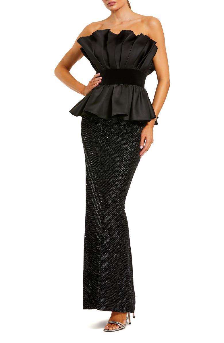 Mac Duggal Strapless Satin Peplum Top With Sequin Skirt Gown, Main, color, Black