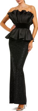 Mac Duggal Strapless Satin Peplum Top With Sequin Skirt Gown