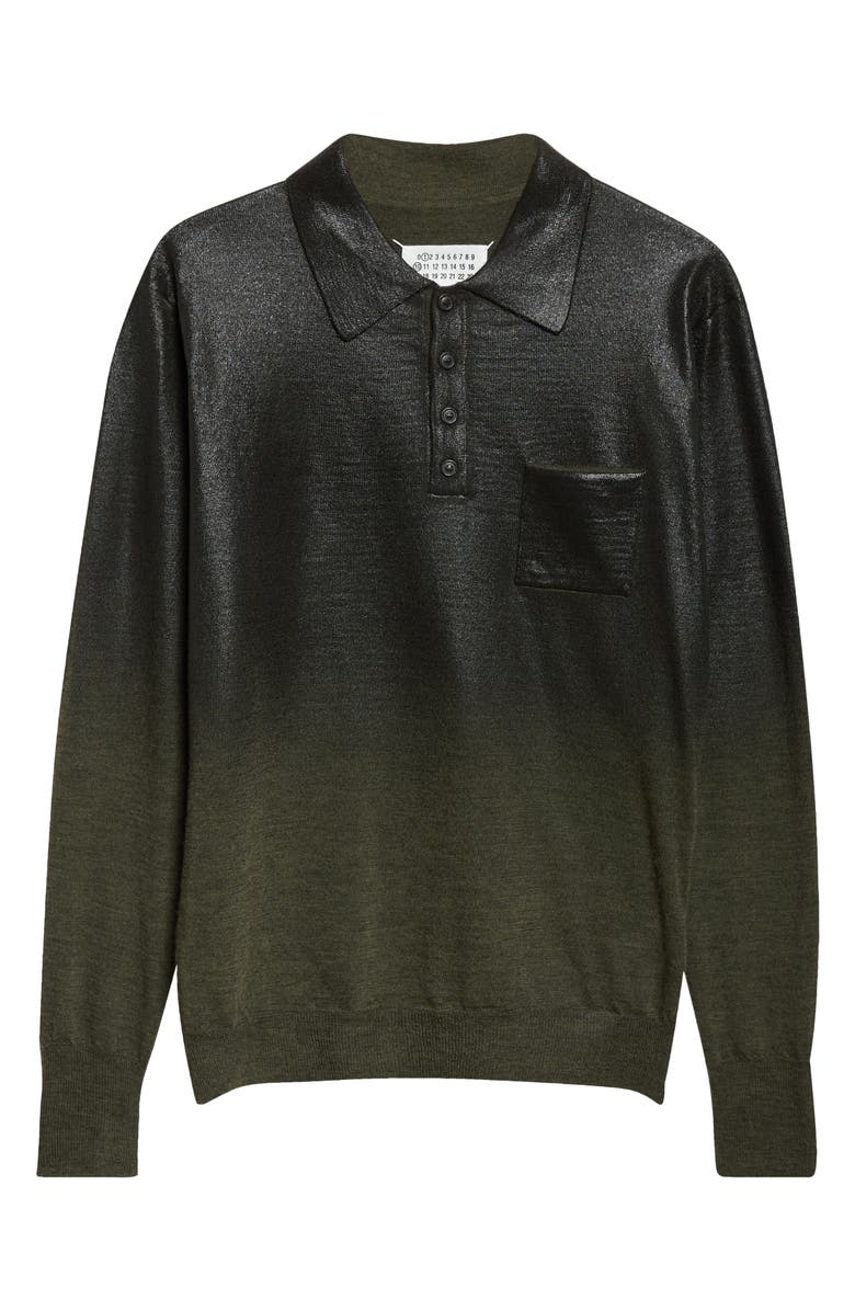 Maison Margiela Metallic Long Sleeve Polo, Main, color, Green/ Black