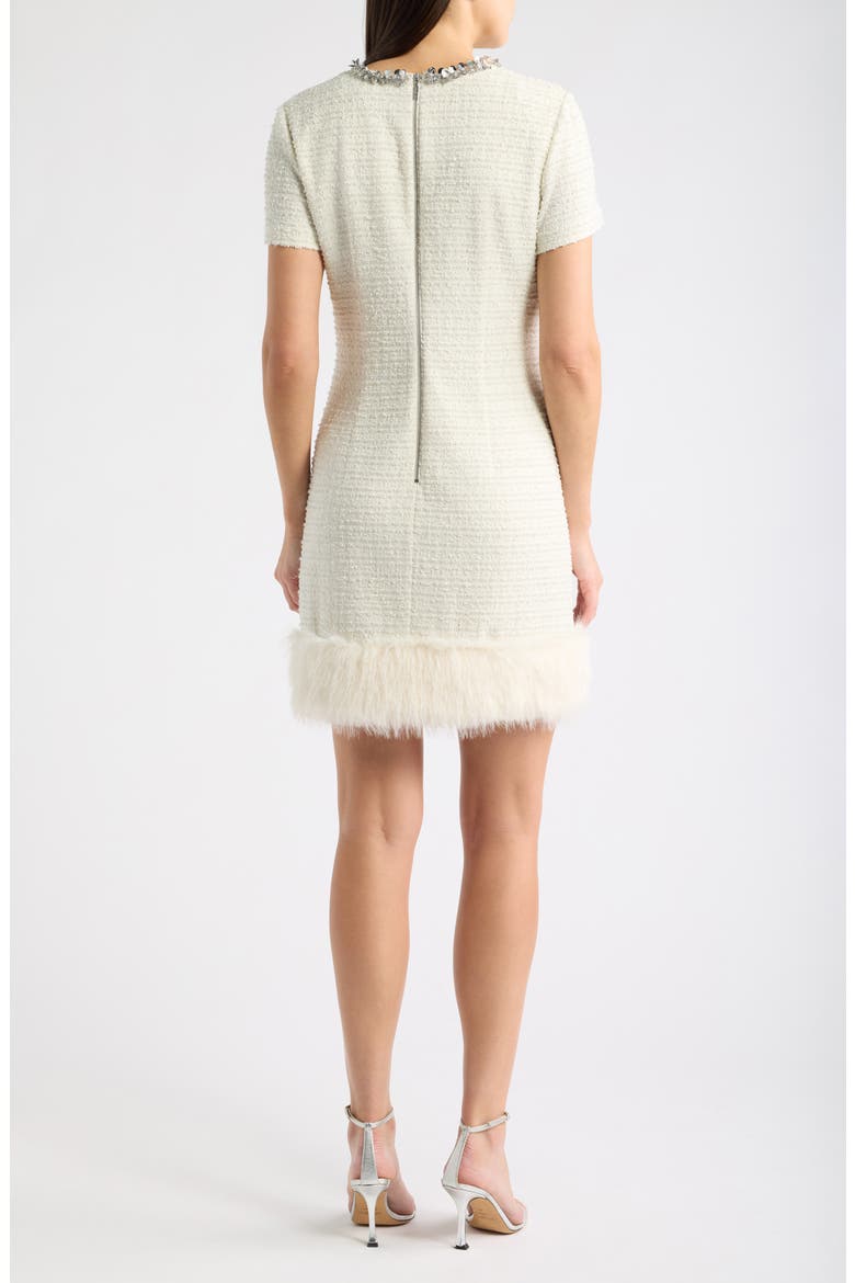 Beaded Neck Faux Fur Hem Tweed Minidress, Alternate, color, VANILLA
