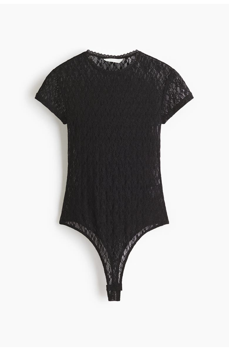 H&M Lace-look jersey thong bodysuit, Alternate, color, Black