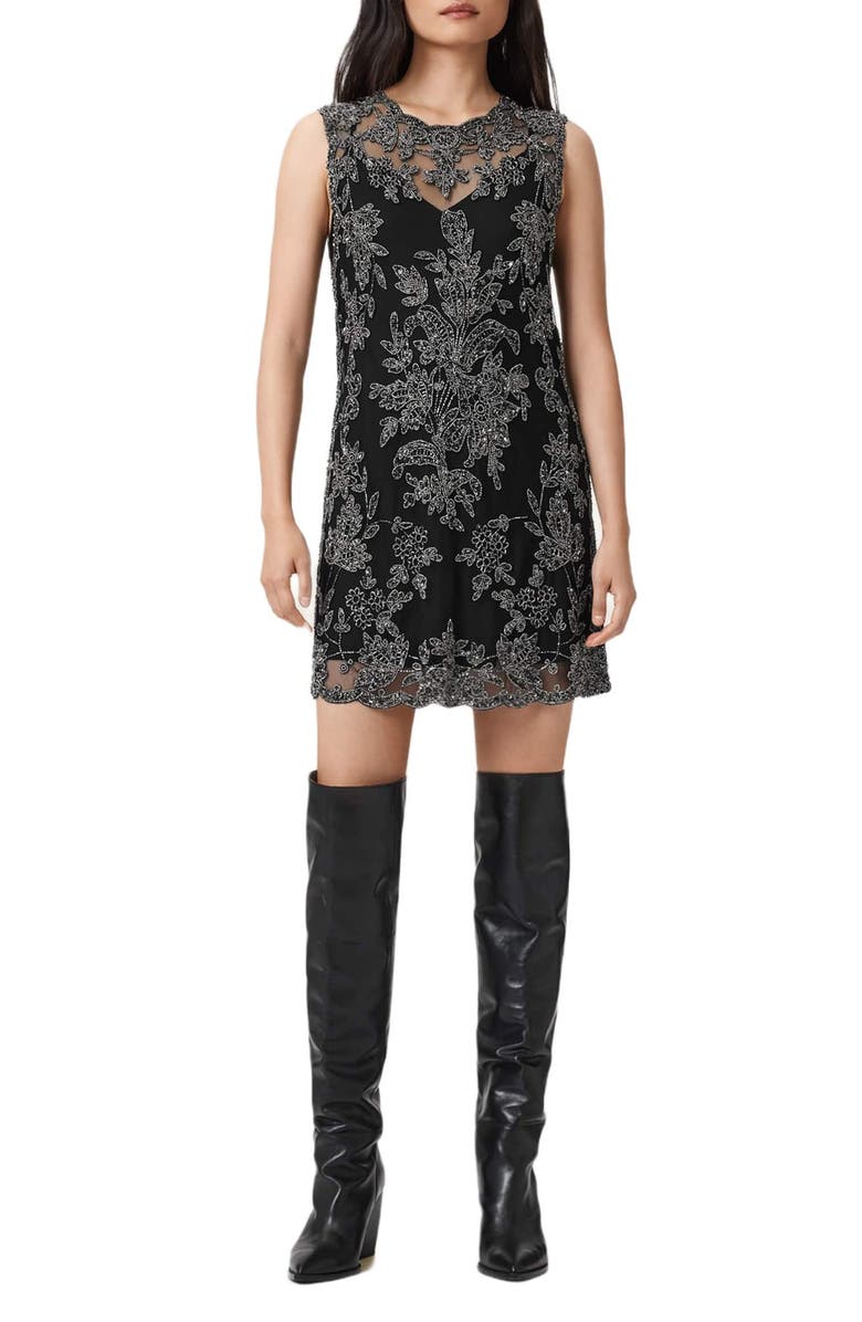 AllSaints Inaya Crystal Tapestry Minidress, Main, color, Black